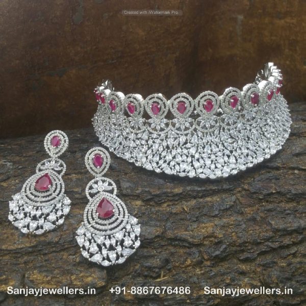 zircon necklace - choker - silver necklace - white stone necklace - stone necklace set - artificial necklace - rosegold polish necklace - red stone necklace set