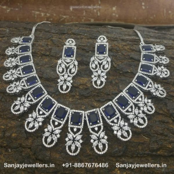 zircon necklace - choker - silver necklace - white stone necklace - stone necklace set - artificial necklace - silver polish necklace - blue stone necklace set