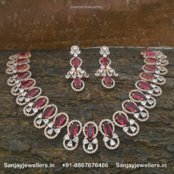 zircon necklace - choker - silver necklace - white stone necklace - stone necklace set - rose gld necklace - set - artificial necklace - red stone necklace